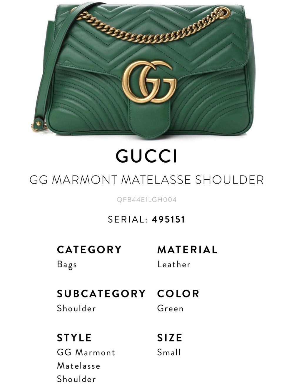 Gucci Green Matelassé GG Marmont Shoulder Bag with Gold Hardware